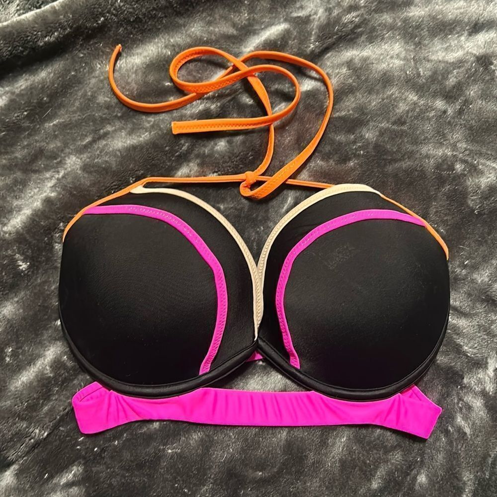 Victoria's Secret Black Bikini Top with Hot Pink and Orange Trim